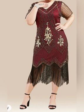 BABEYOND Plus Size 4XL Beaded Flapper Dress - Roaring Twenties Gatsby Halloween